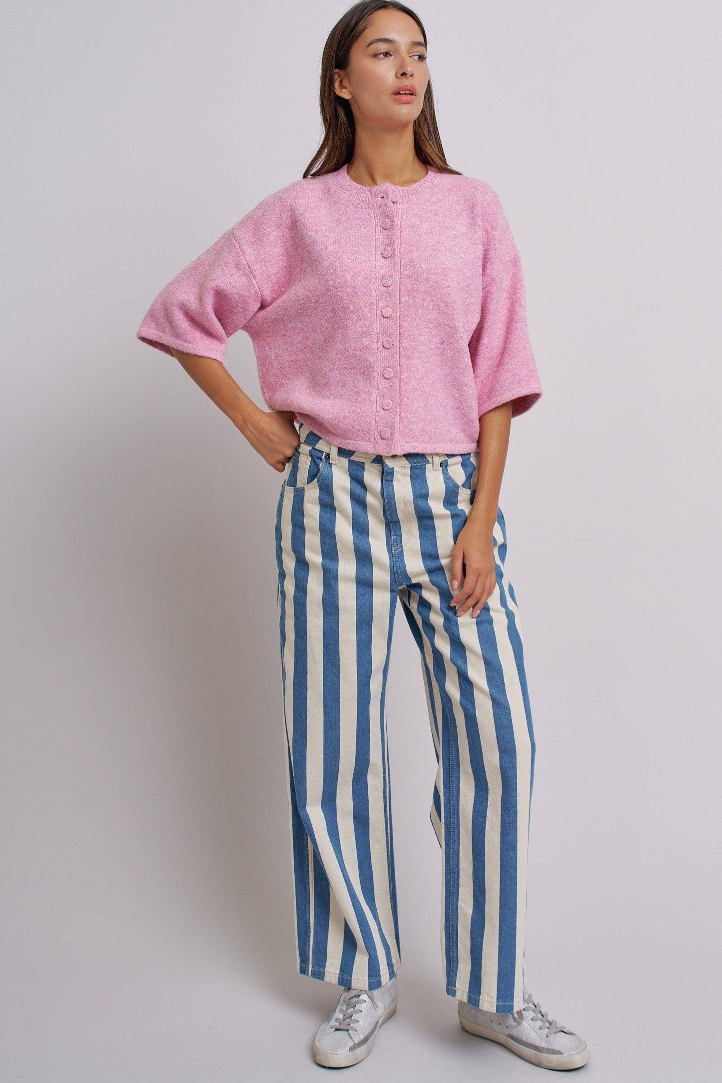 Cropped Knit Button-Front Cardigan Dropped Shoulder