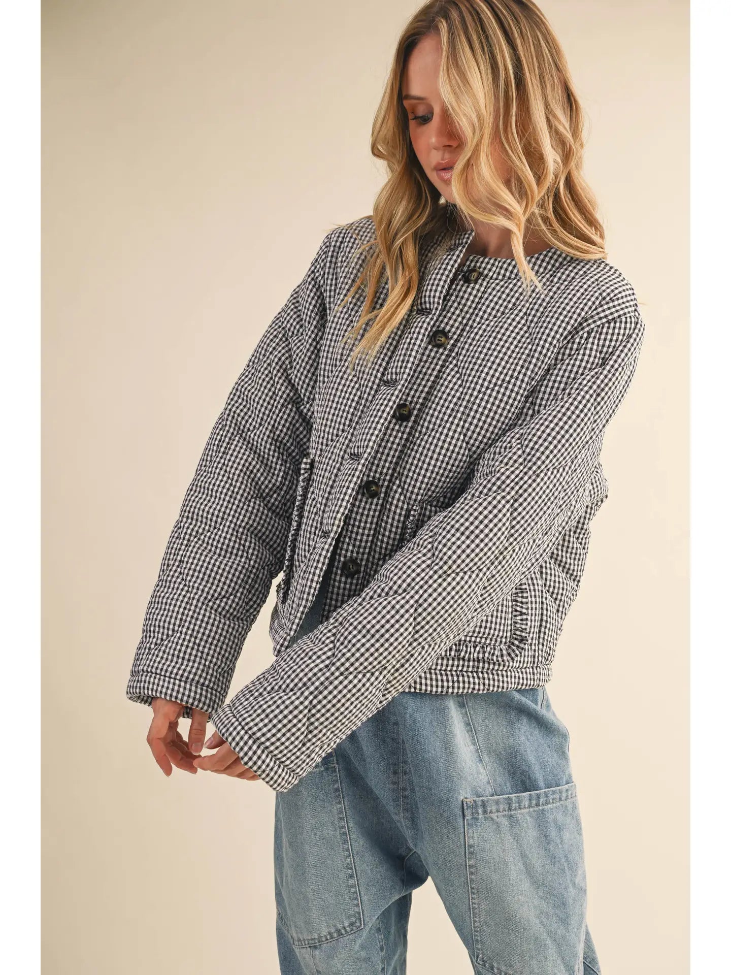 Plaid Padded Ruffled Pocket Jacket