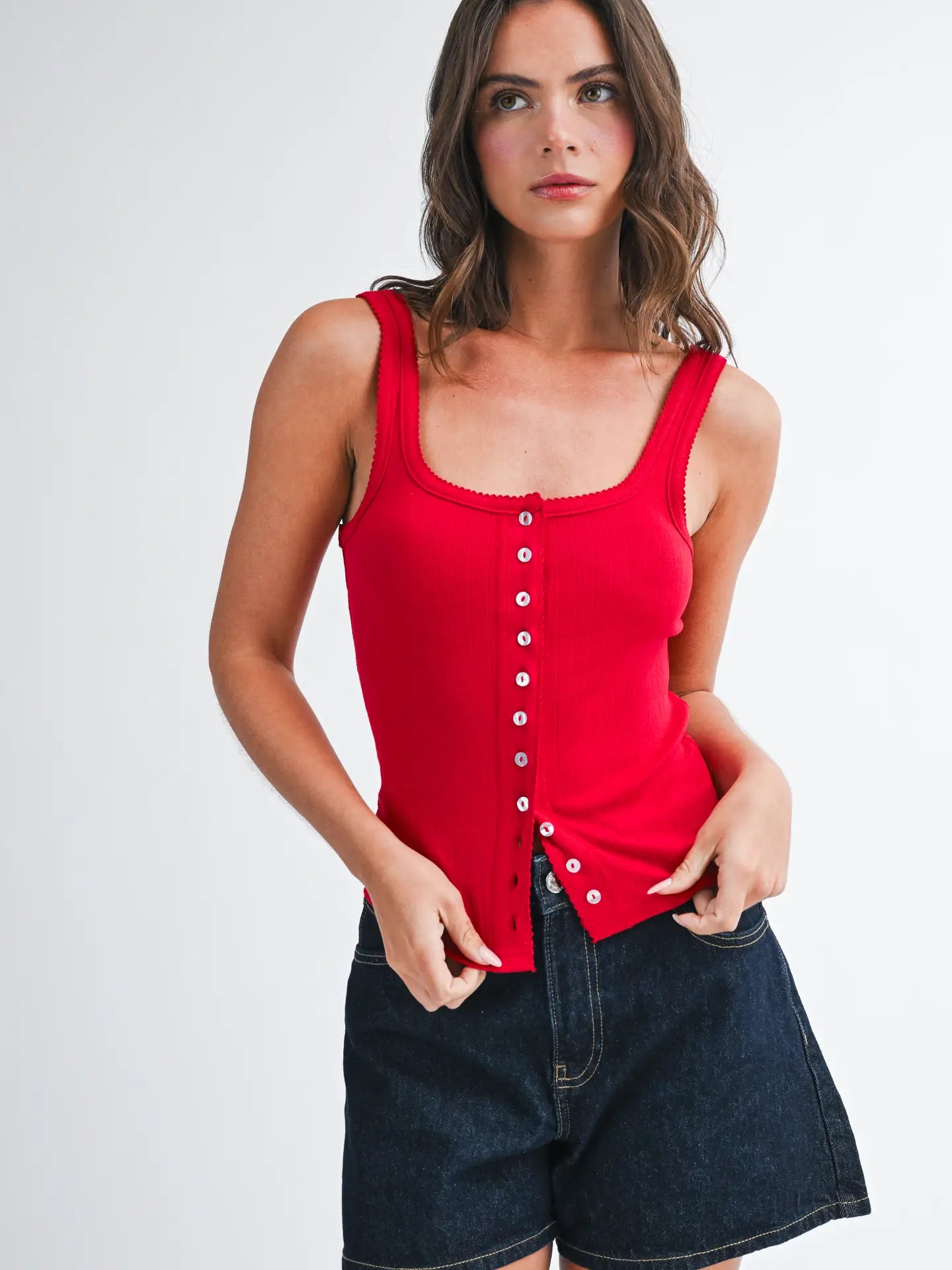 Pointelle Button Front Cami Tank