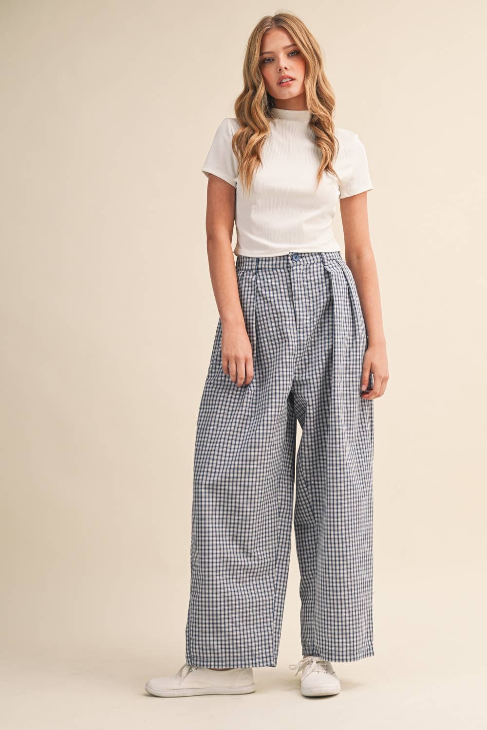 CHECK PATTERN PINTUCK PANTS