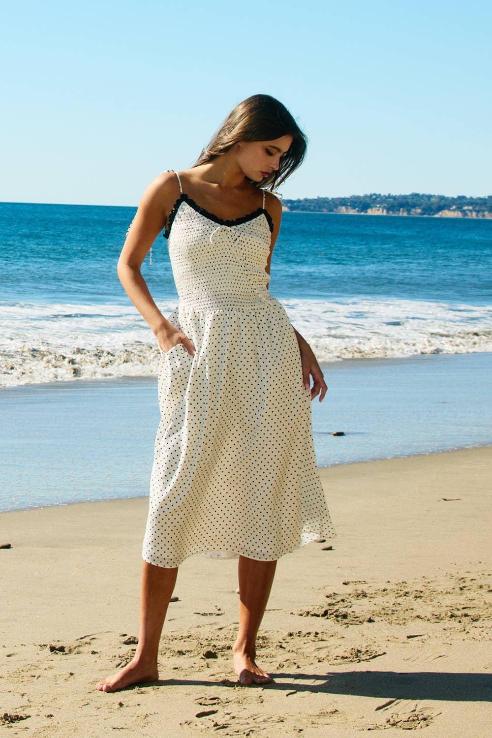 Smoked Bodice Polka Dot Print Midi Dress