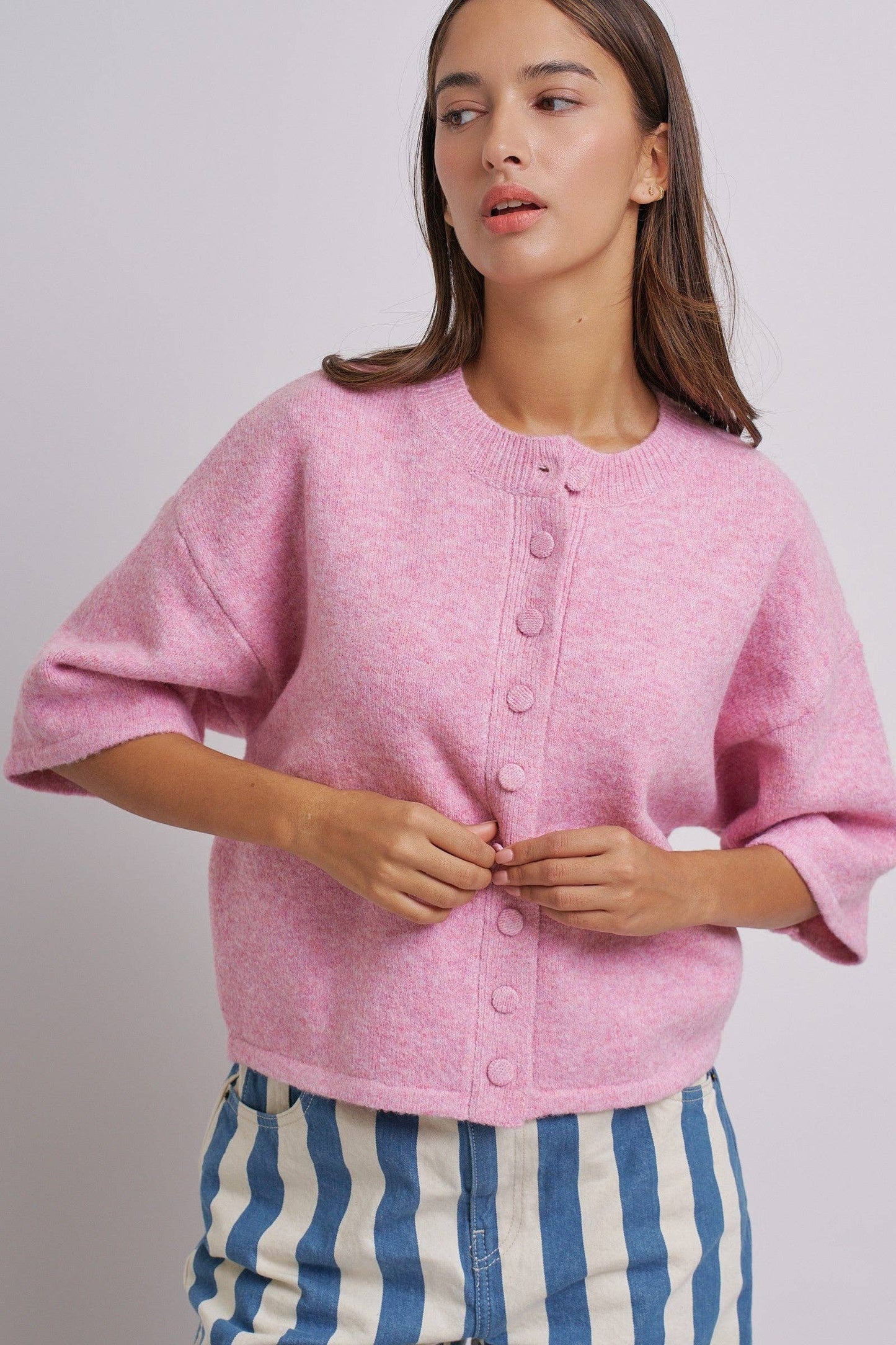 Cropped Knit Button-Front Cardigan Dropped Shoulder