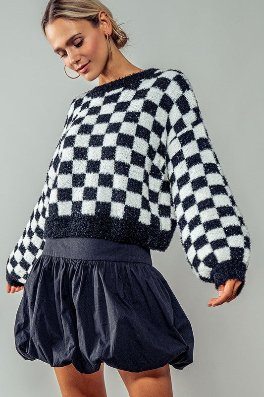 Cosmic Checkered Cropped Sweater