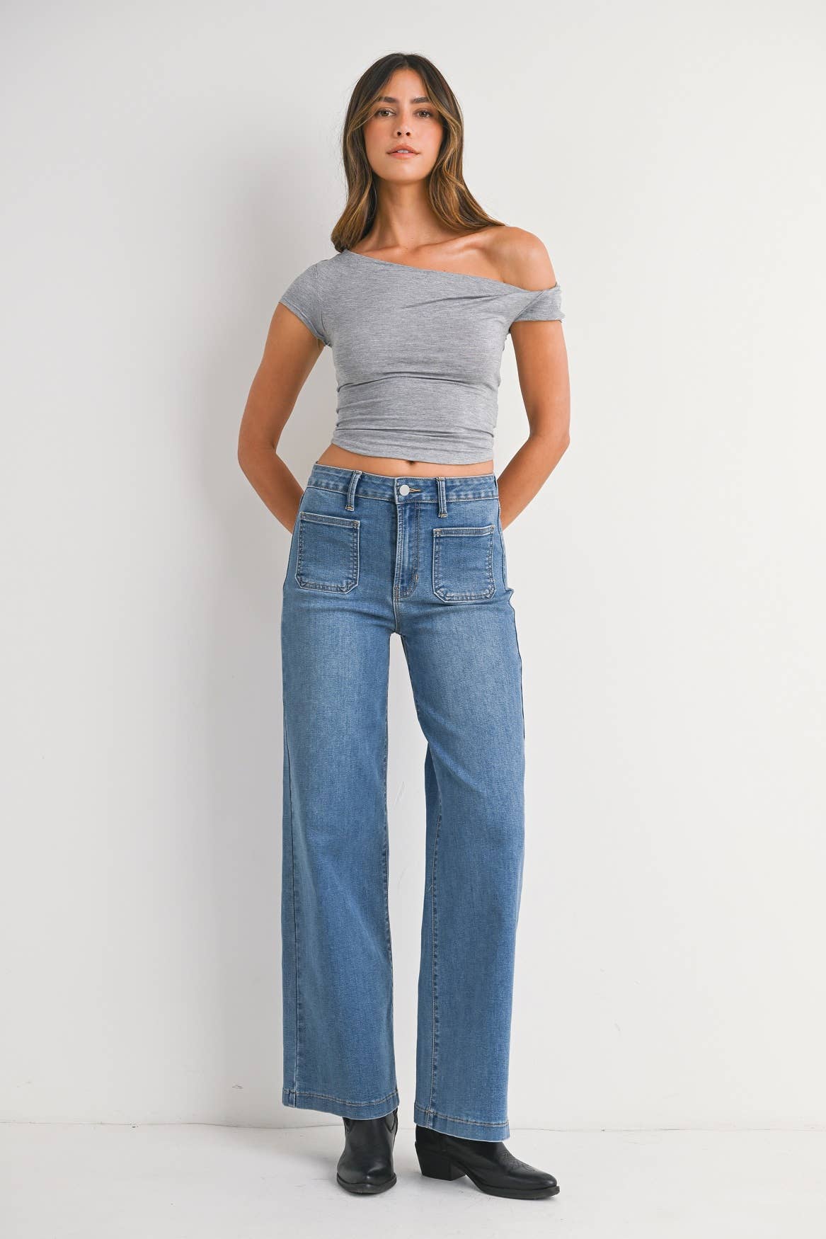 Medium Denim Mini Patch Pocket Wide Leg