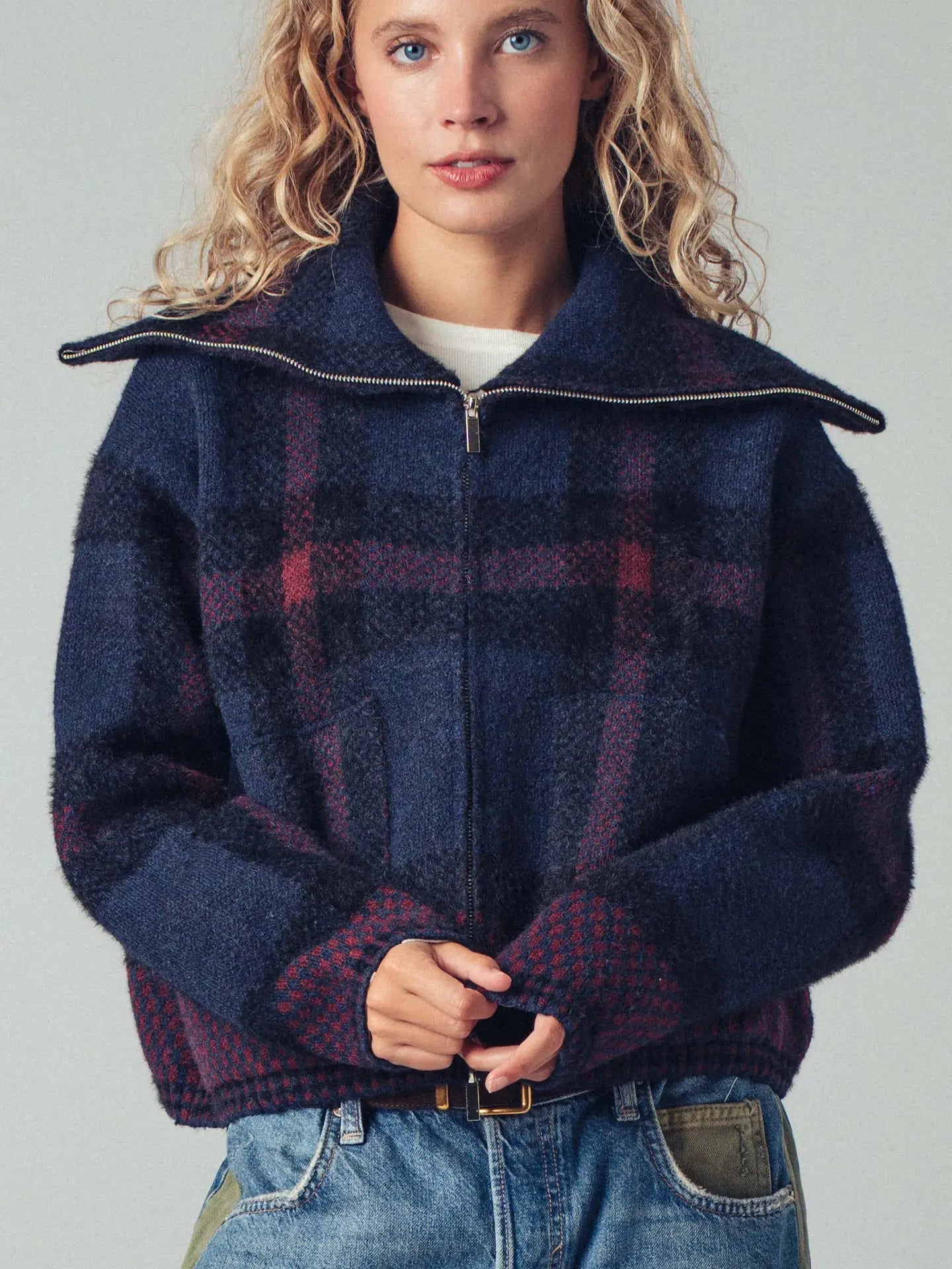 Plaid Wool-Blend Zip Jacket