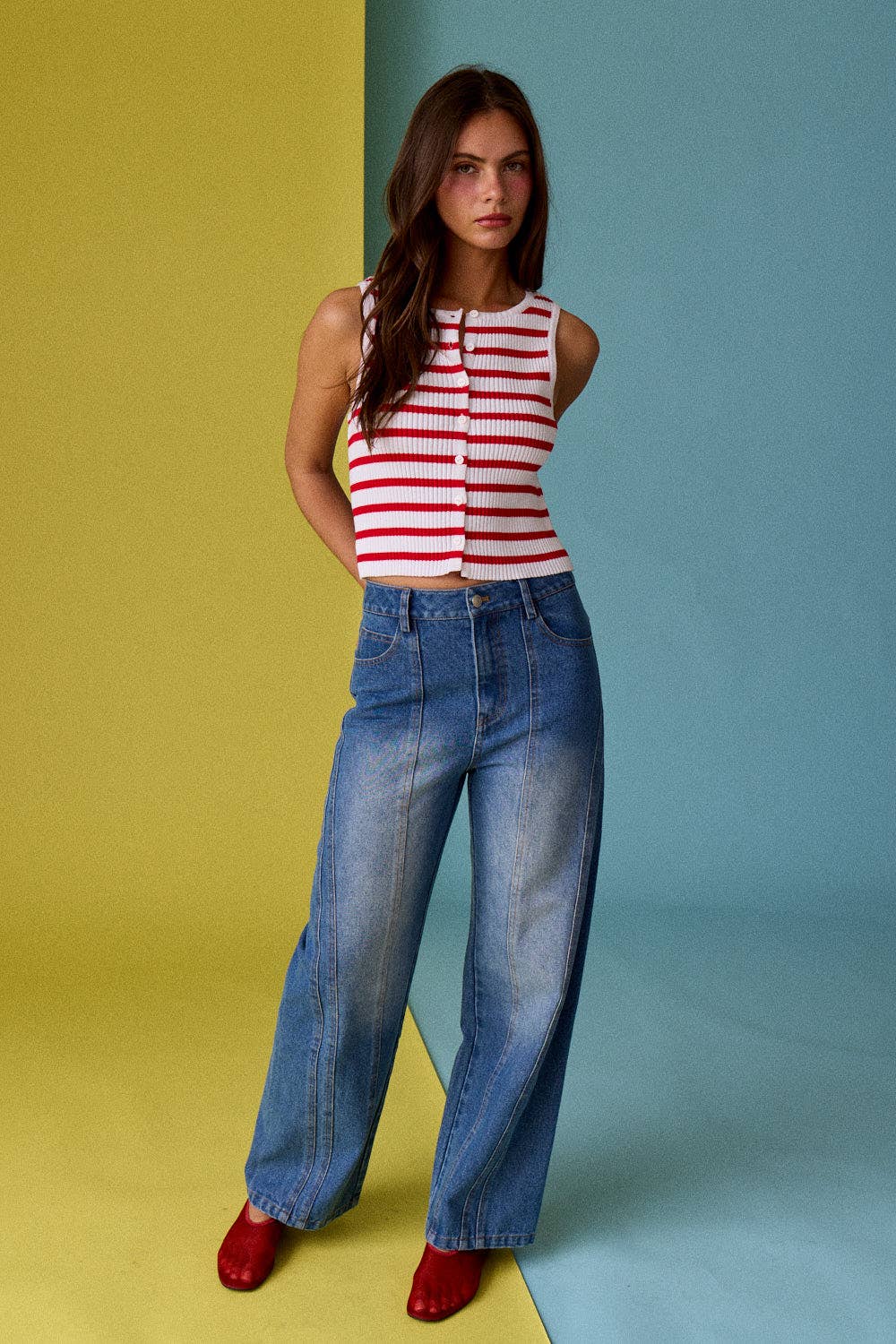 Striped Ribbed Button Front Tank