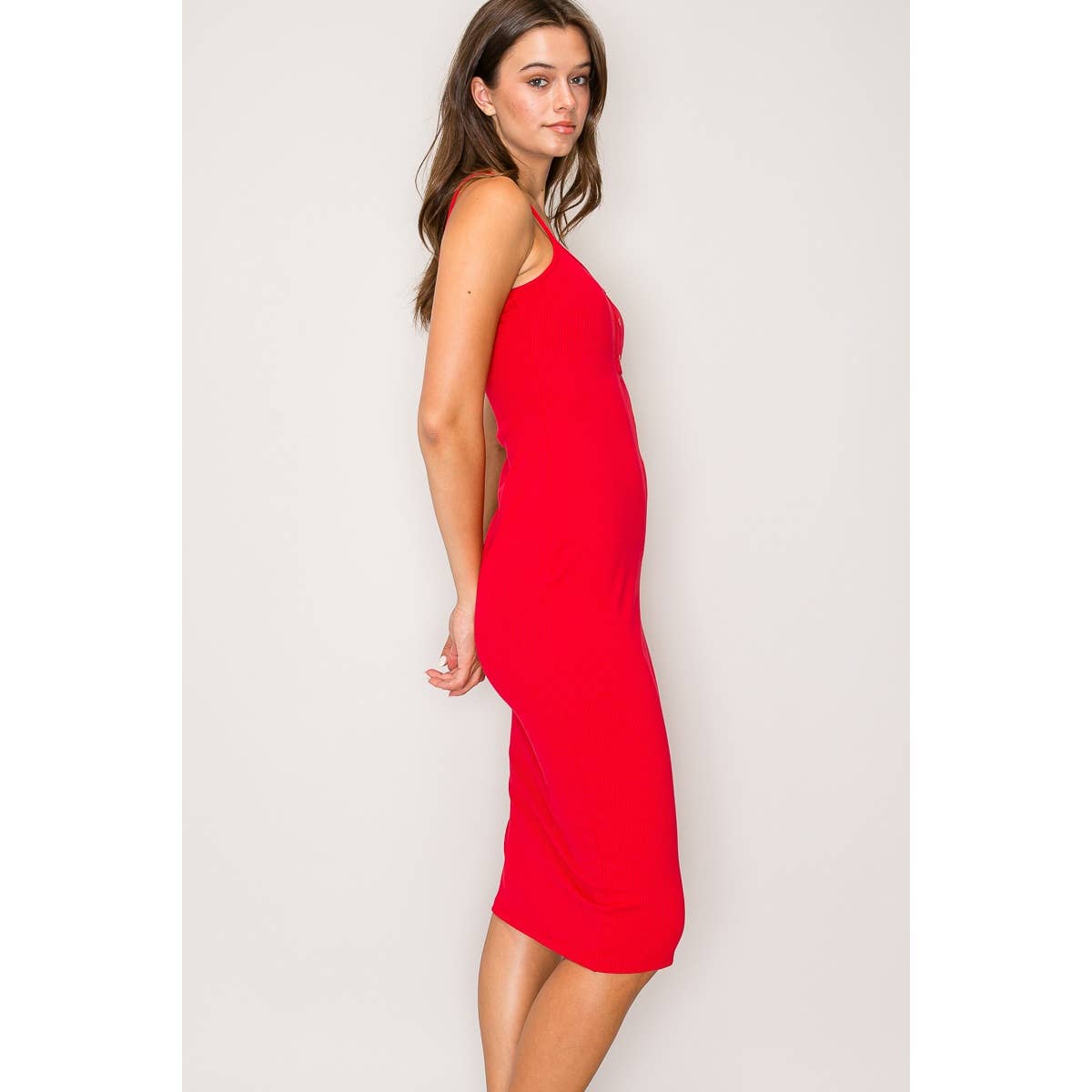 Buttoned Spaghetti Strap Ribbed Bodycon Midi Dress