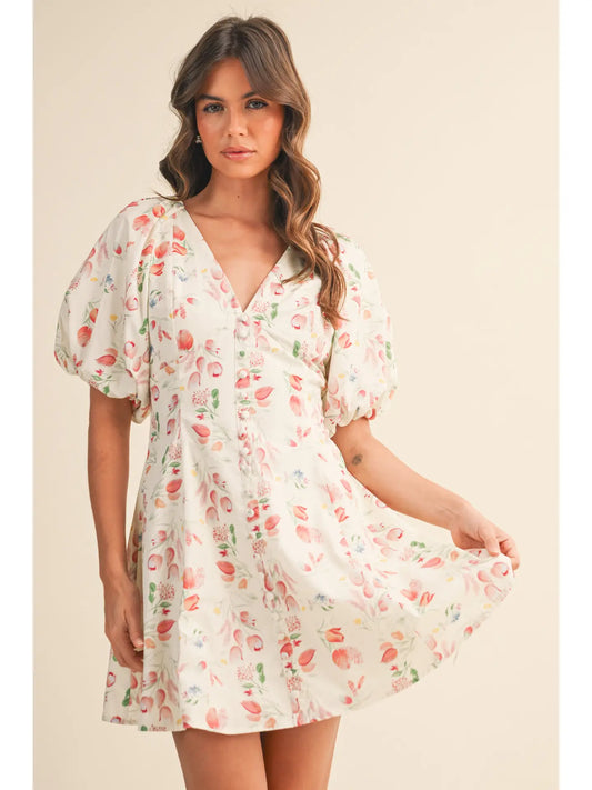 Floral Puff Sleeve Button Down Flare Mini Dress