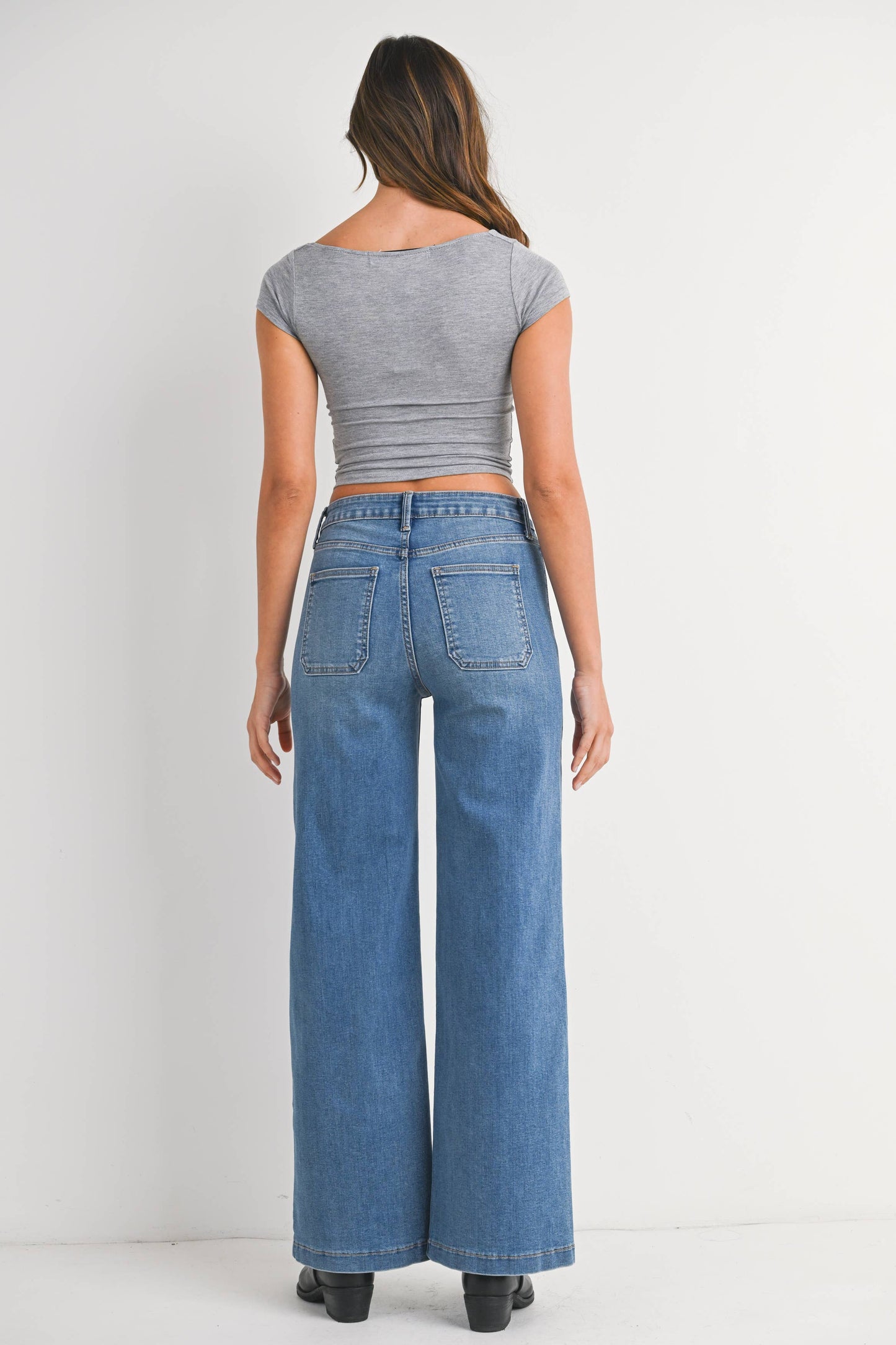 Medium Denim Mini Patch Pocket Wide Leg