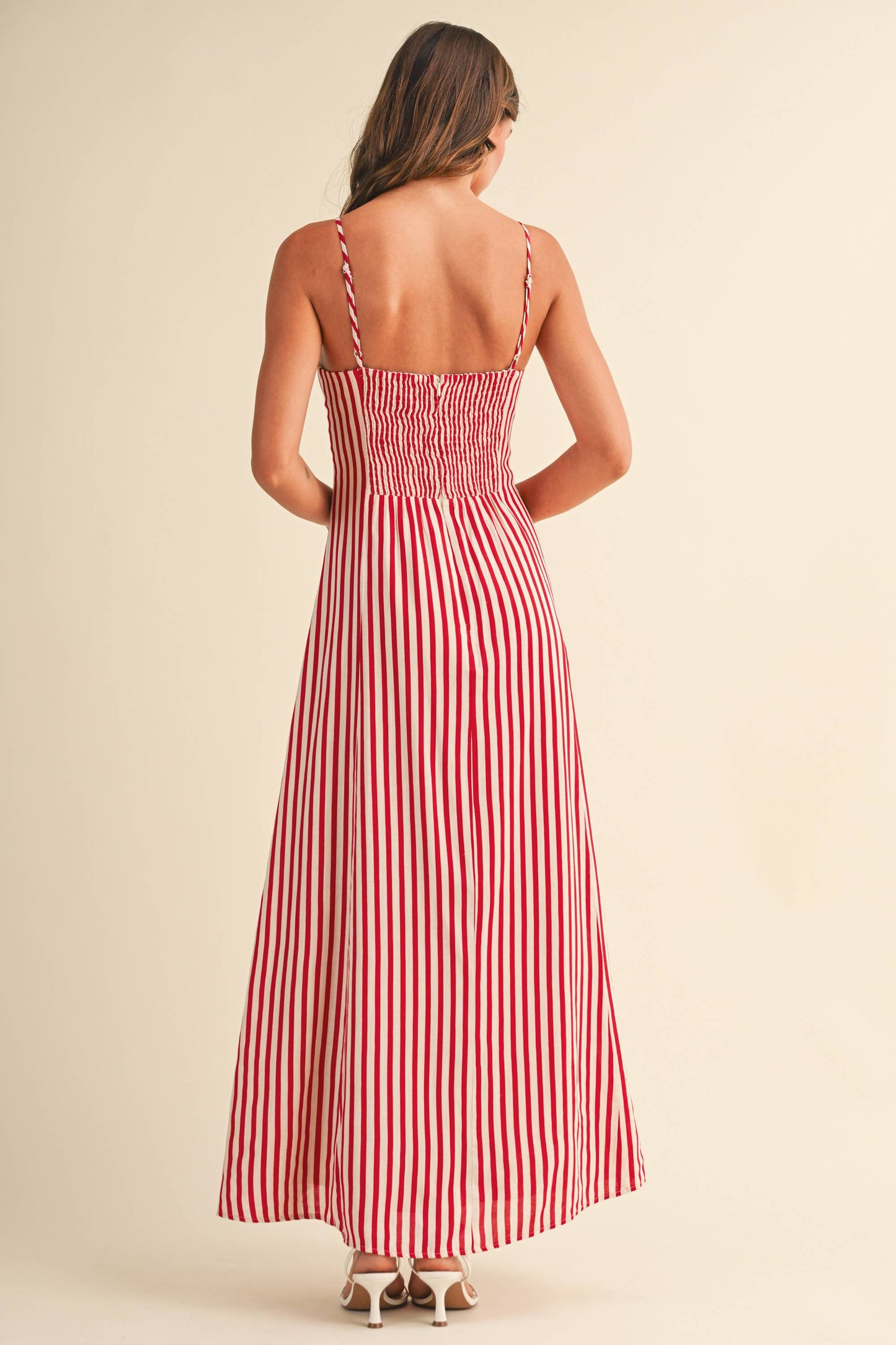 STRIPED BUSTIER SLEEVELESS FLARED MAXI DRESS