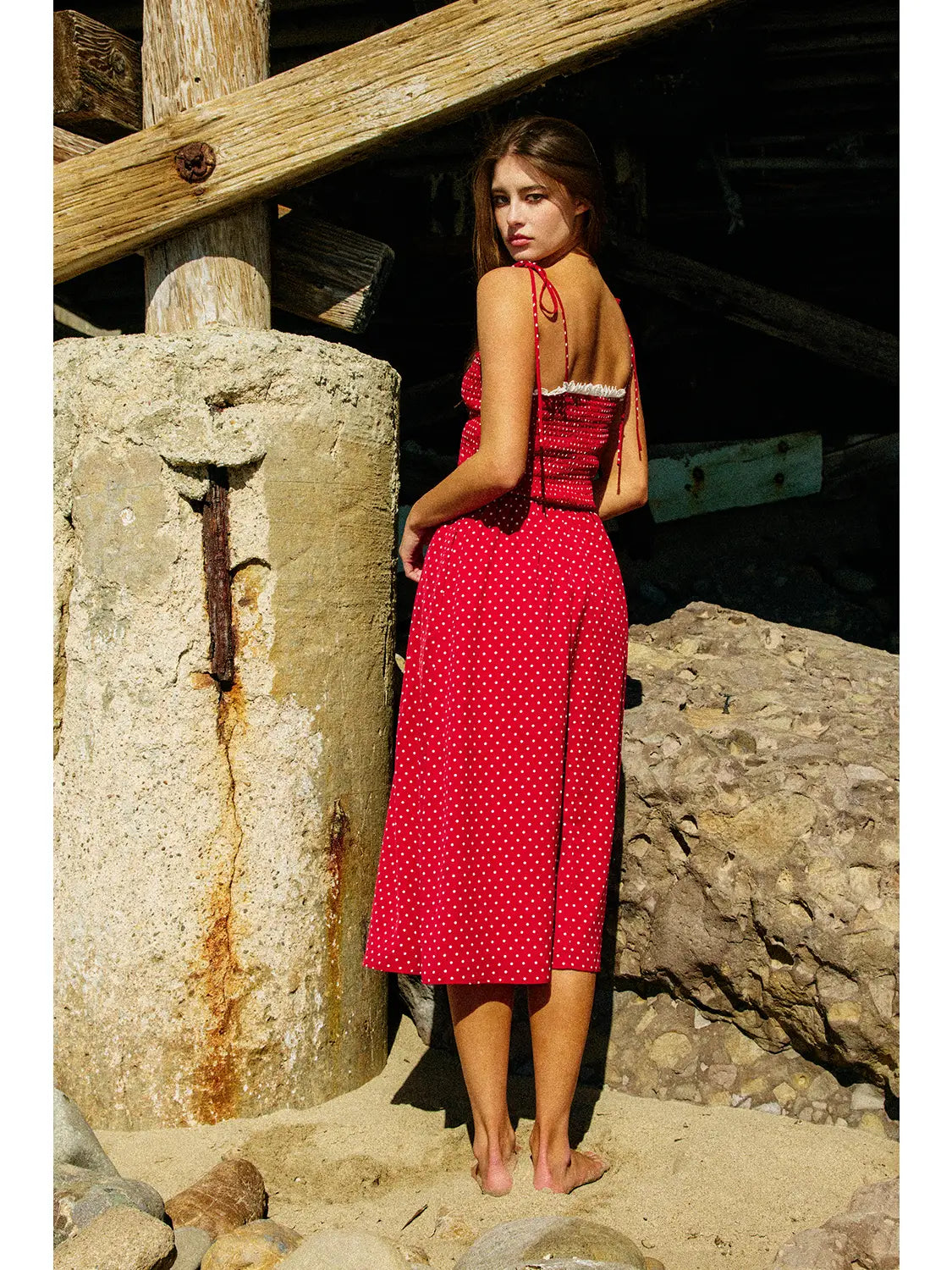 Smoked Bodice Polka Dot Midi Dress