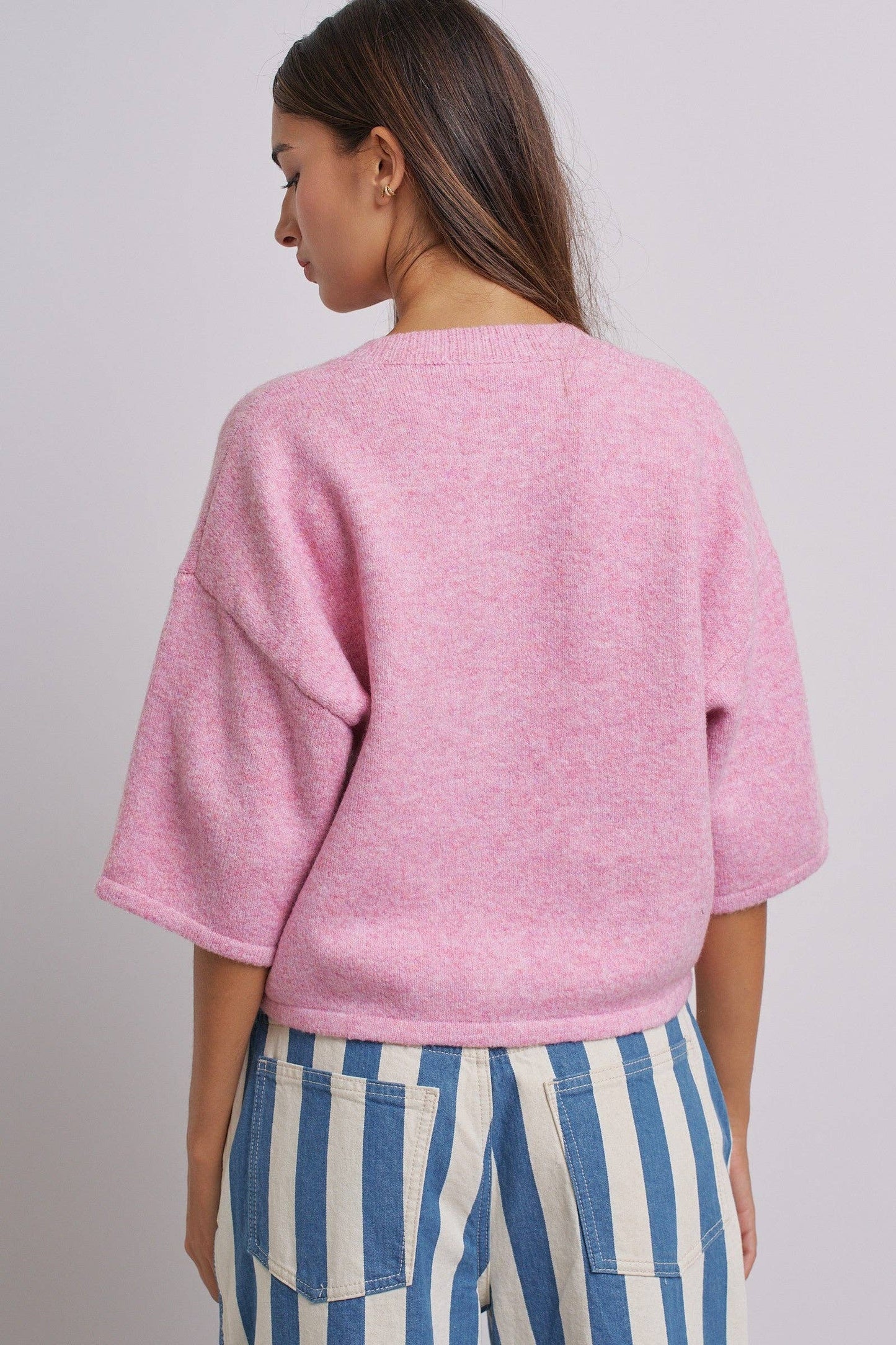 Cropped Knit Button-Front Cardigan Dropped Shoulder