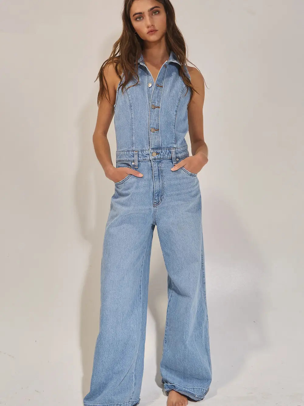 Collared Wide Leg Denim Jumpsuit