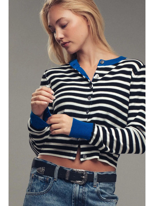 Striped Knit Cropped Button-Up Cardigan