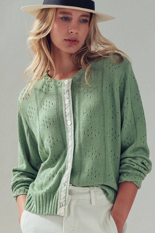 Pointelle Knit Lace Trim Cardigan
