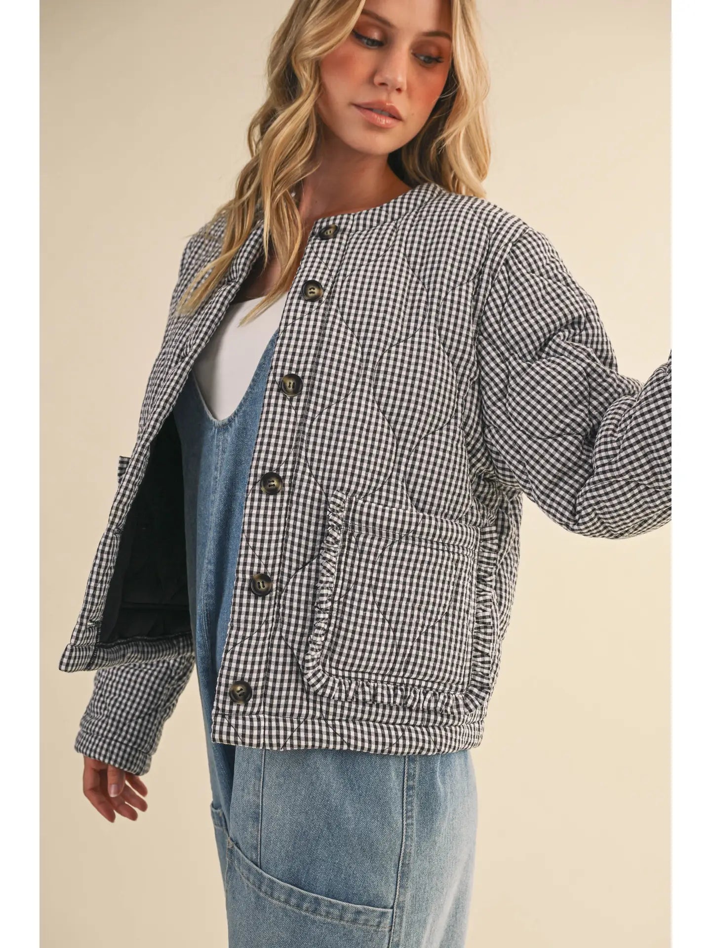 Plaid Padded Ruffled Pocket Jacket