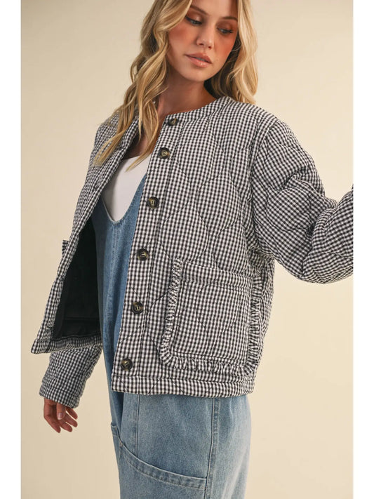 Plaid Padded Ruffled Pocket Jacket