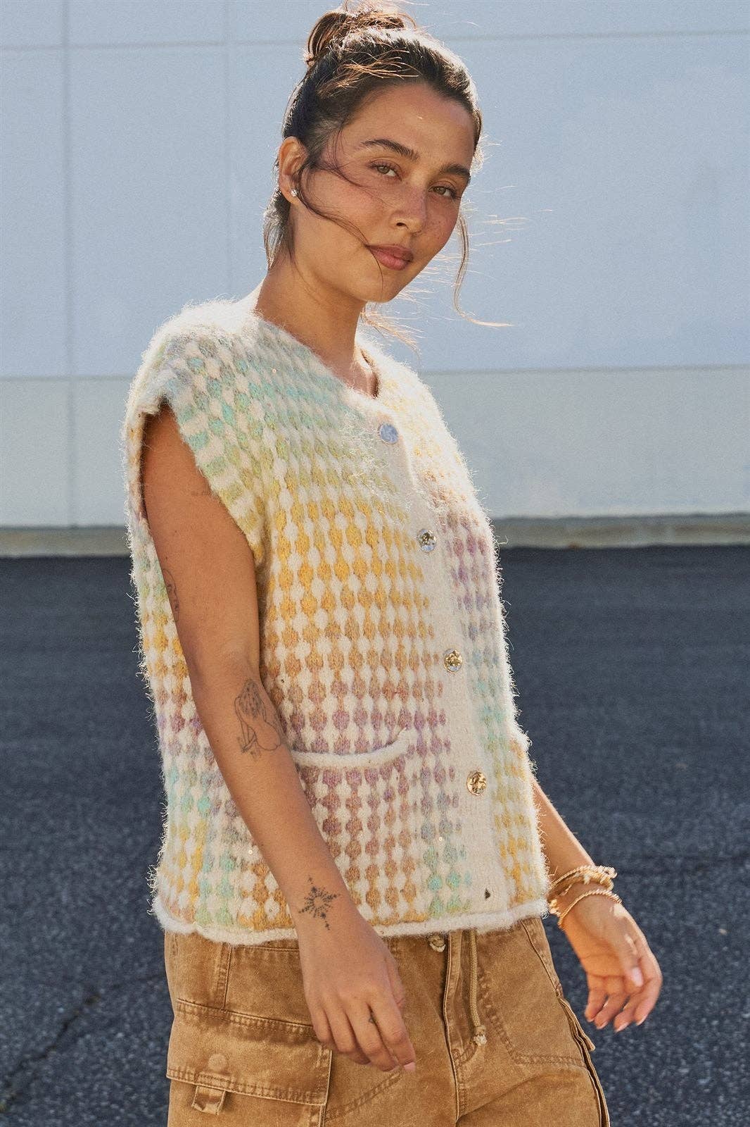 Popcorn Knit Button Front Sweater Vest