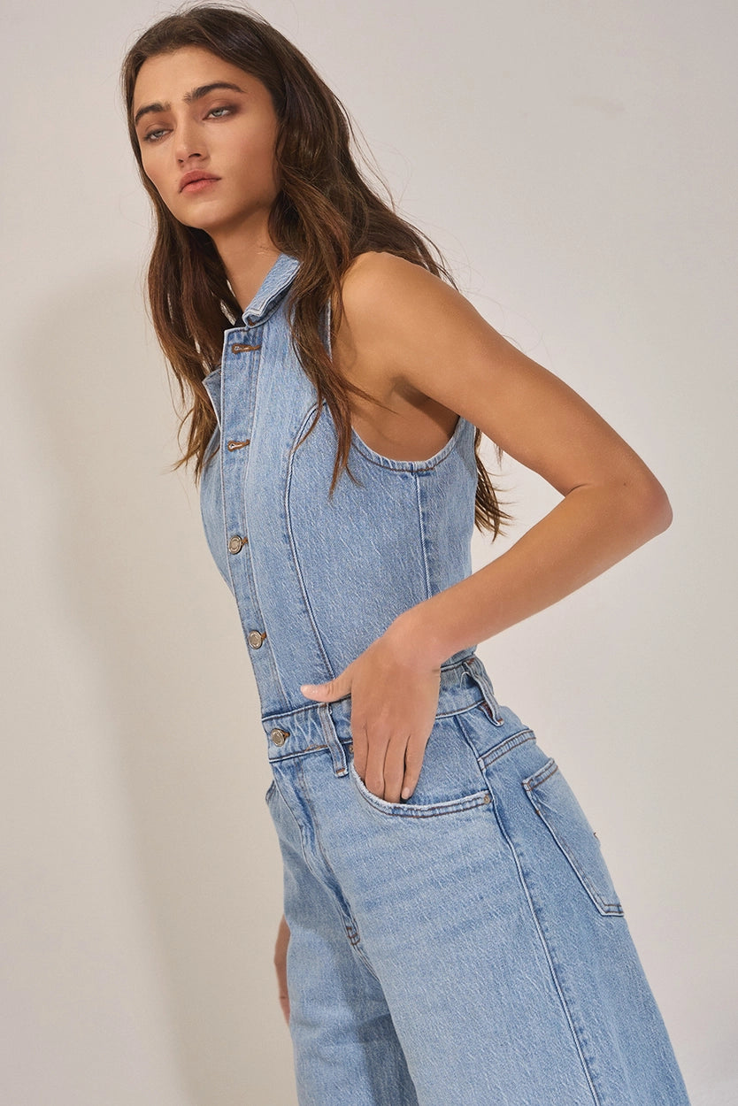 Collared Wide Leg Denim Jumpsuit