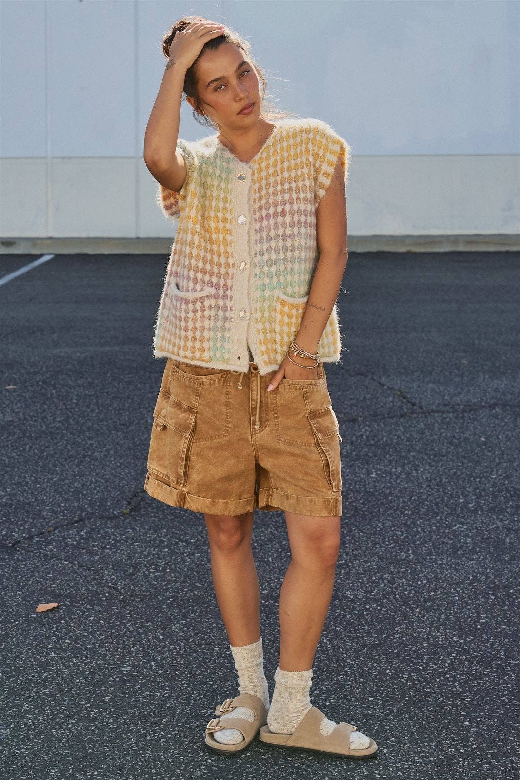 Popcorn Knit Button Front Sweater Vest