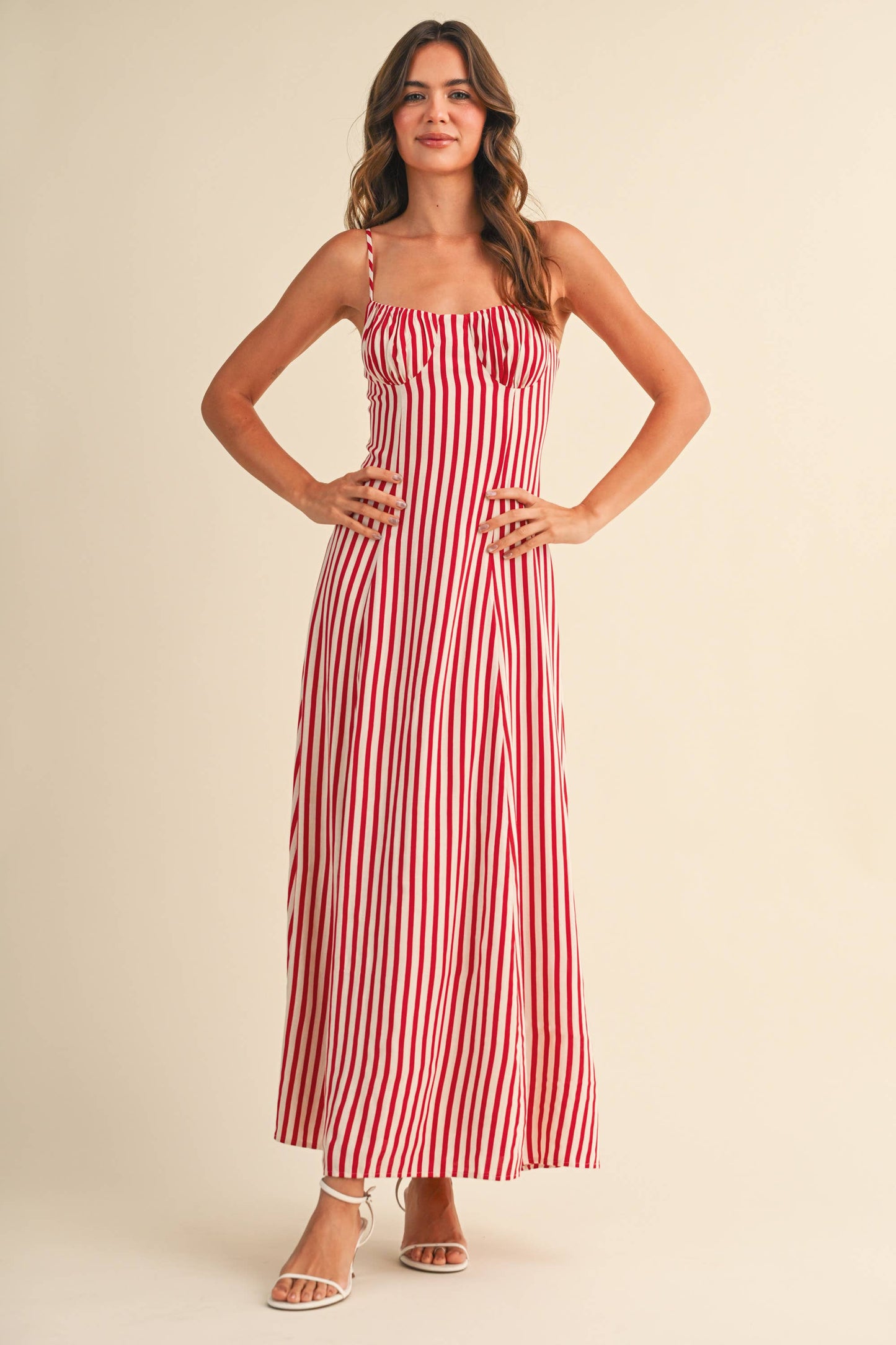 STRIPED BUSTIER SLEEVELESS FLARED MAXI DRESS