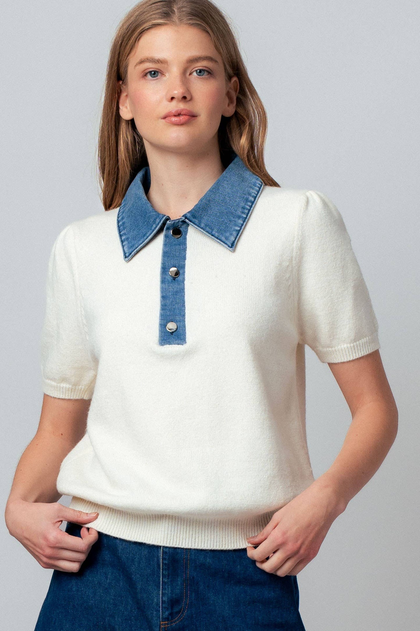 Contrast Denim Collar Knit Sweater Top