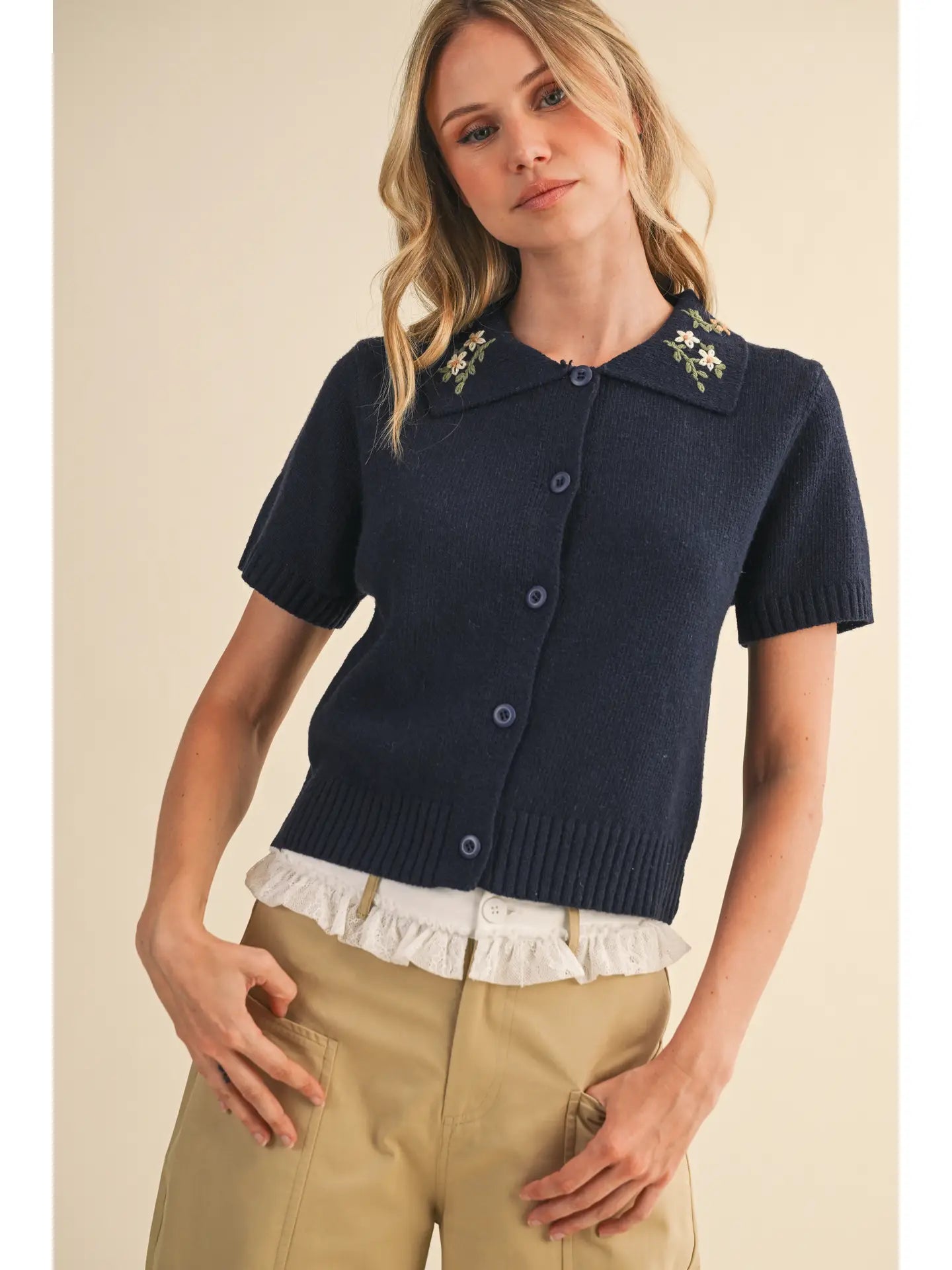 Embroidered Collar Knitted Top