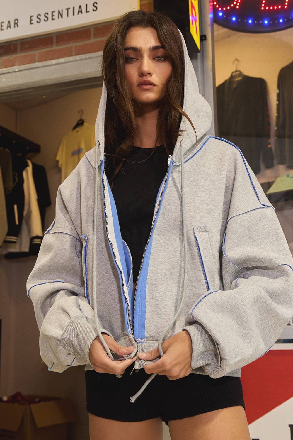 IJ3157 Contrast Seaming Hooded Zip-Up