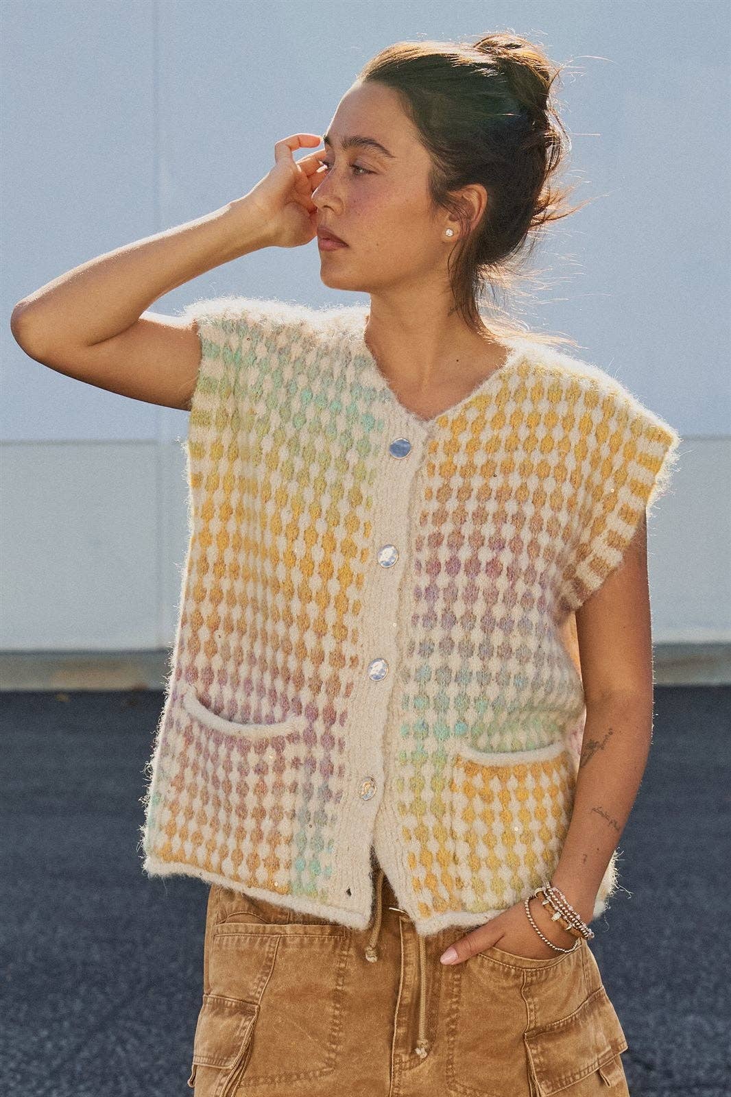 Popcorn Knit Button Front Sweater Vest