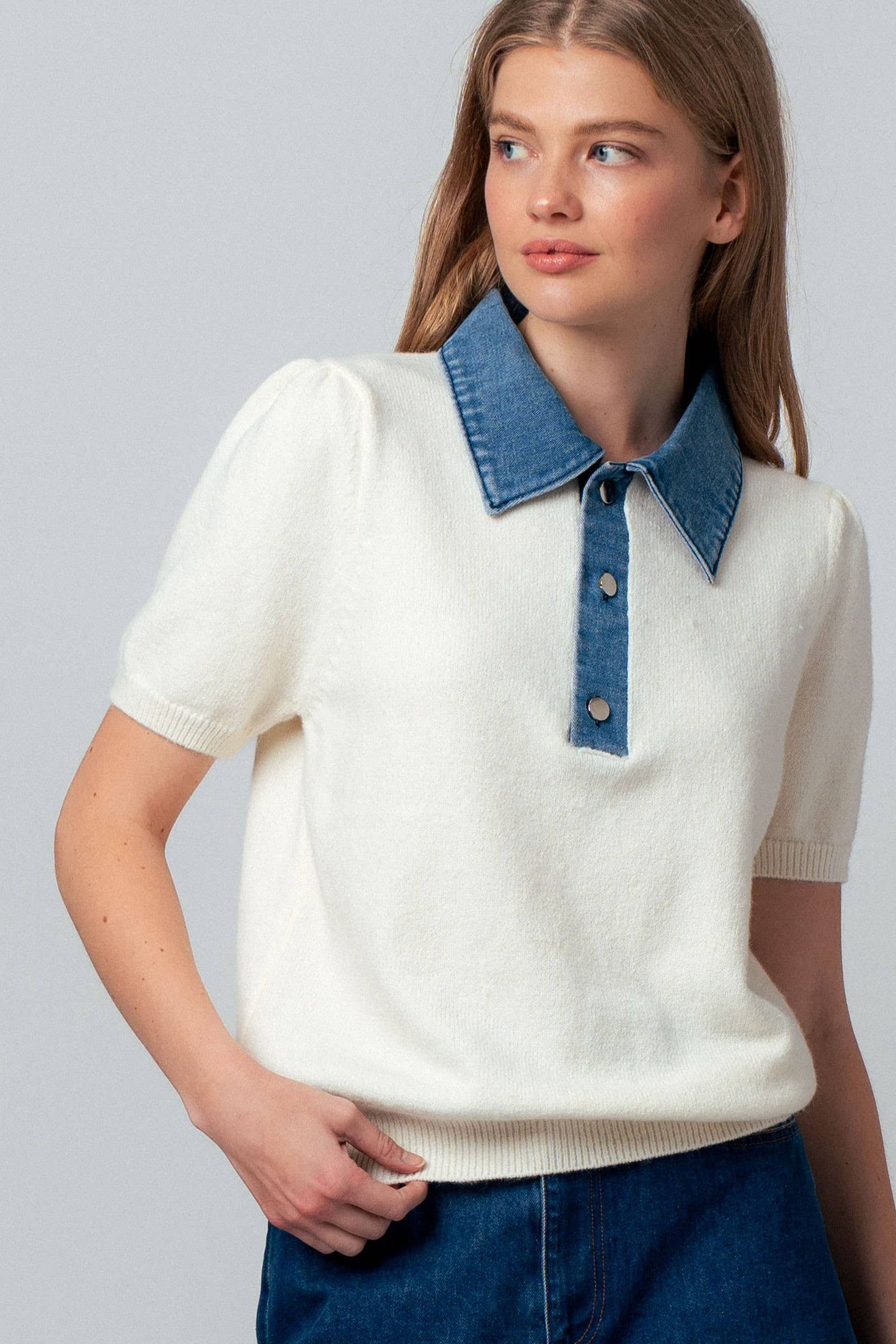 Contrast Denim Collar Knit Sweater Top