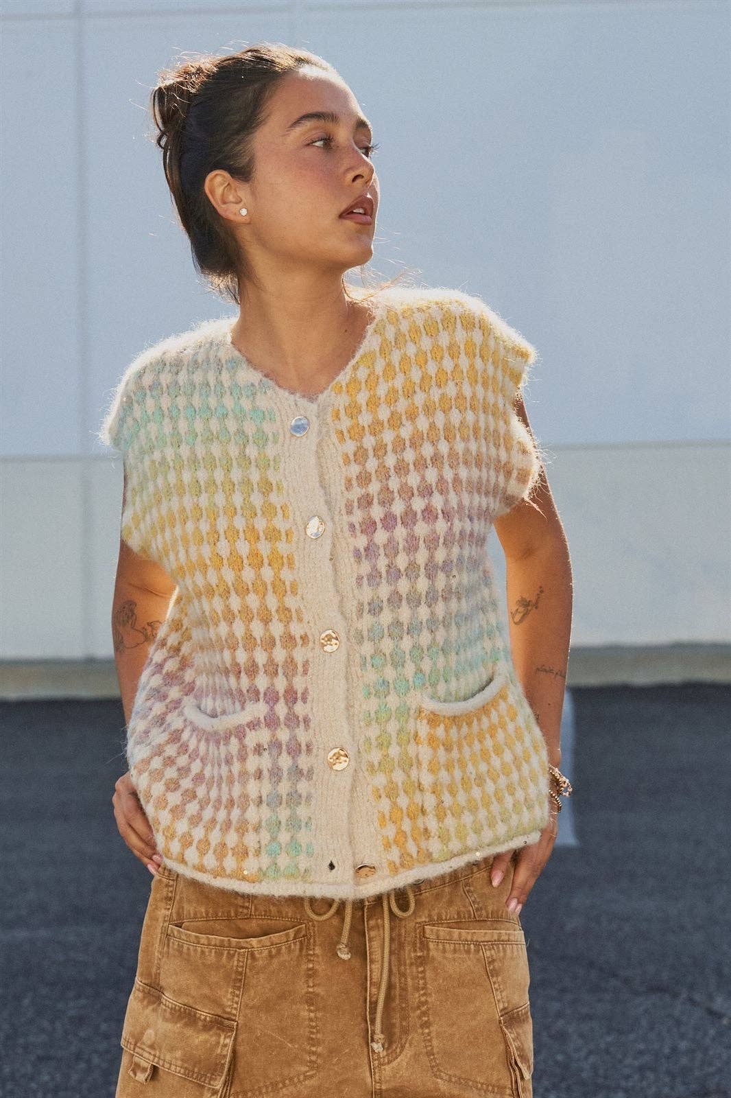 Popcorn Knit Button Front Sweater Vest