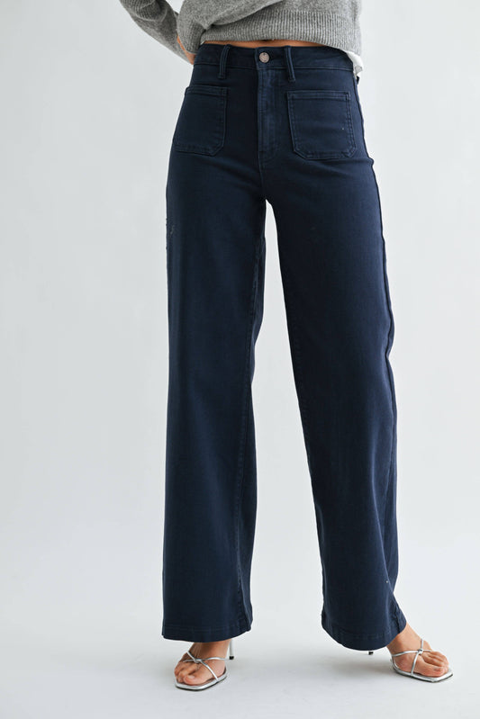 Navy Mini Patch Pocket Wide Leg Denim