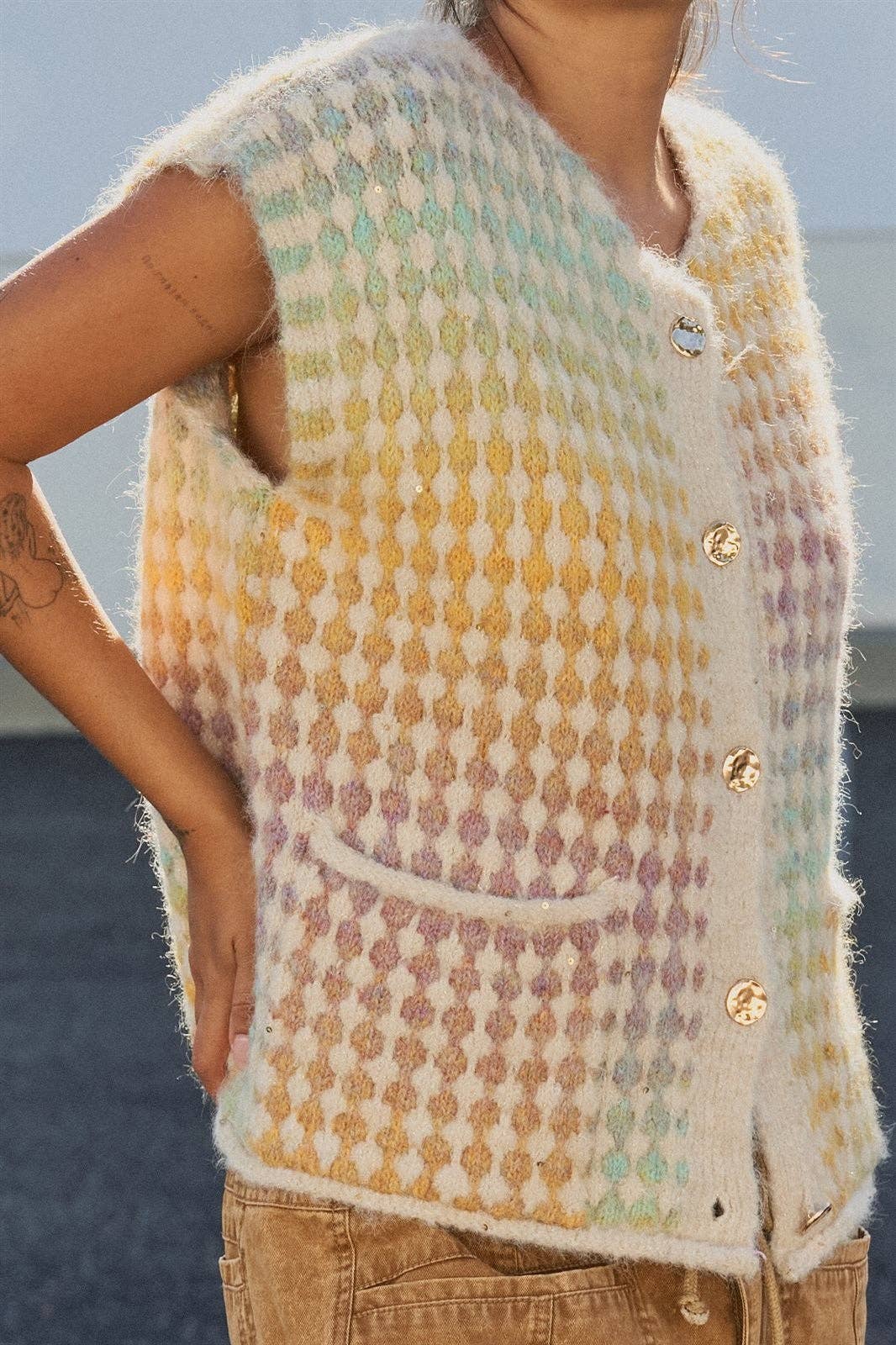 Popcorn Knit Button Front Sweater Vest