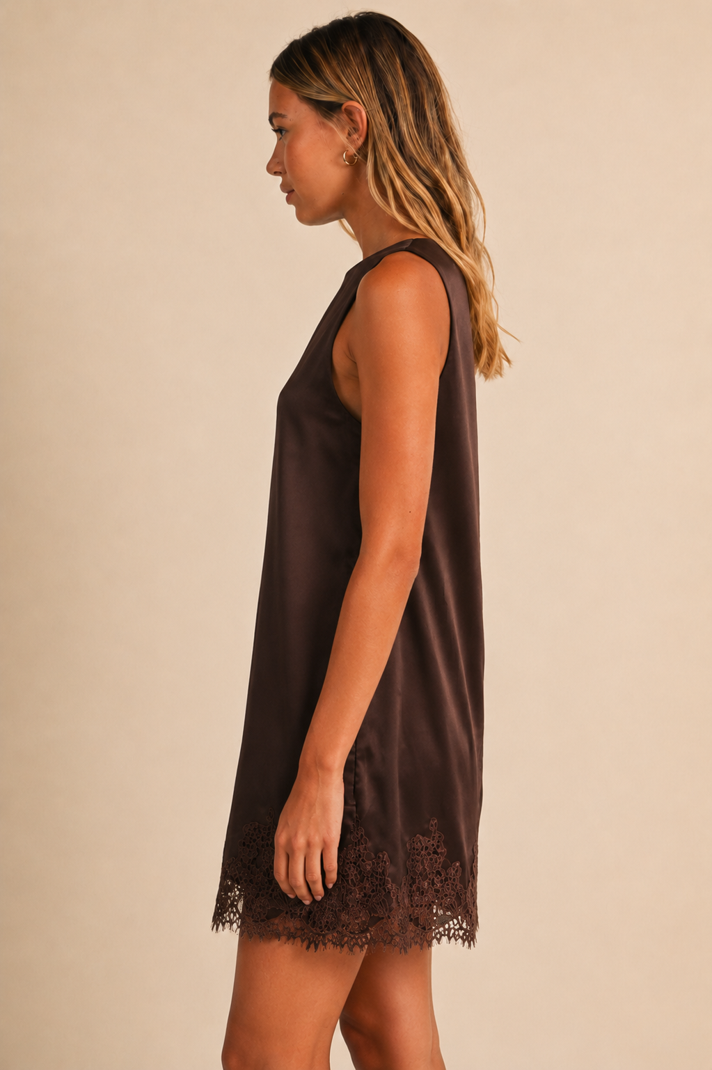 SLEEVELESS SATIN LACE TRIM MINI DRESS