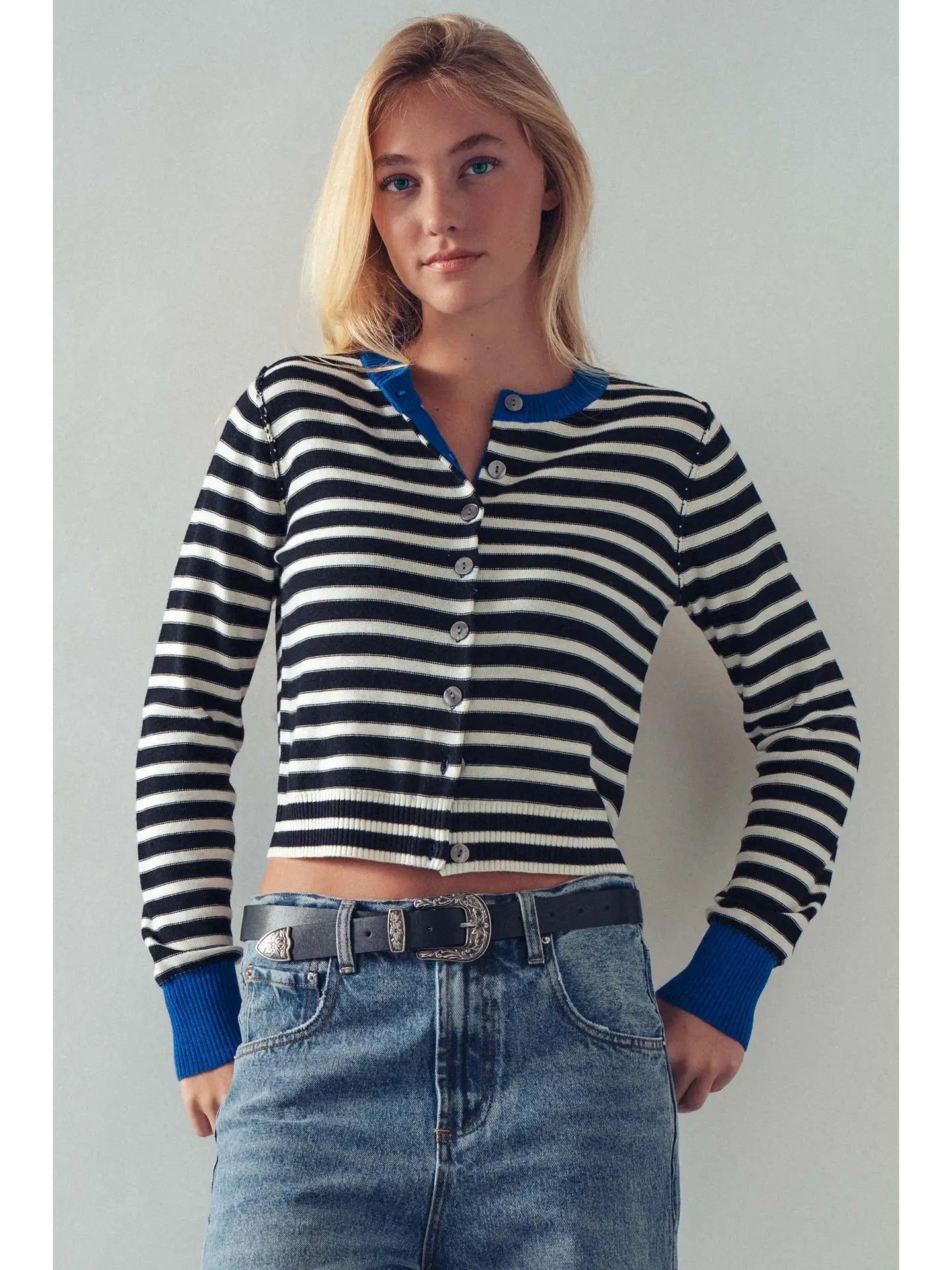 Striped Knit Cropped Button-Up Cardigan