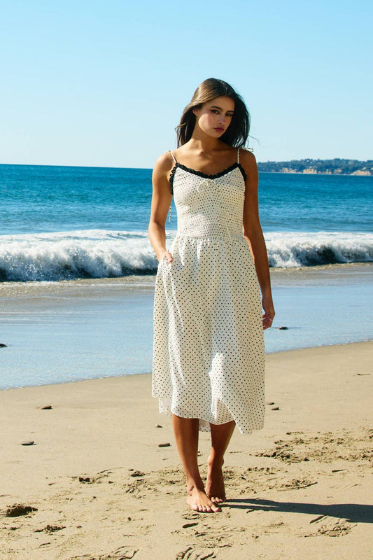 Smoked Bodice Polka Dot Print Midi Dress