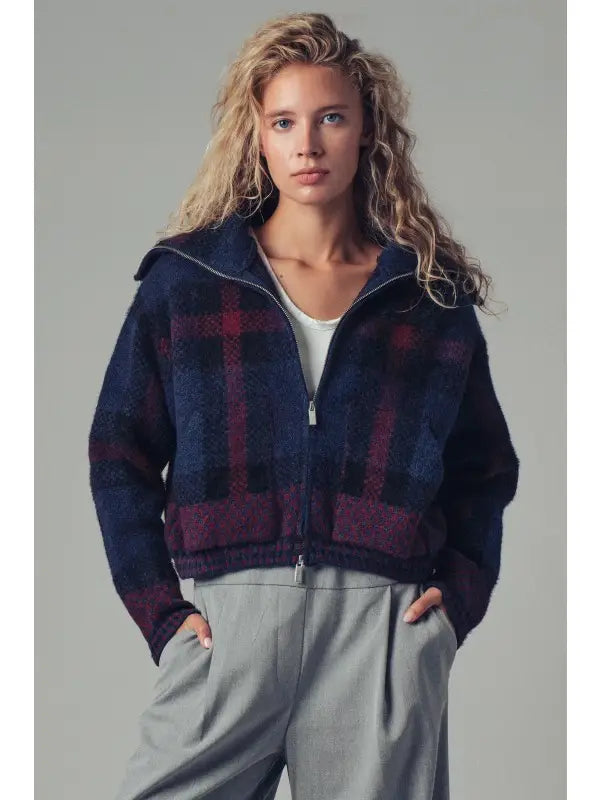 Plaid Wool-Blend Zip Jacket