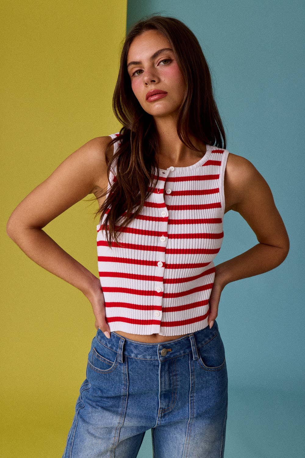 Striped Ribbed Button Front Tank