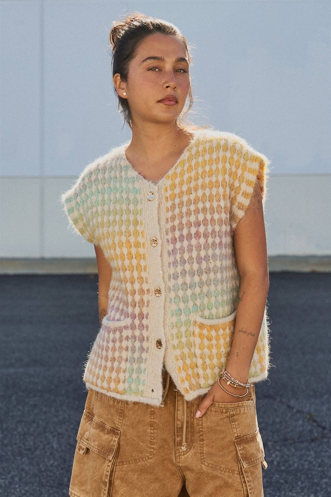 Popcorn Knit Button Front Sweater Vest