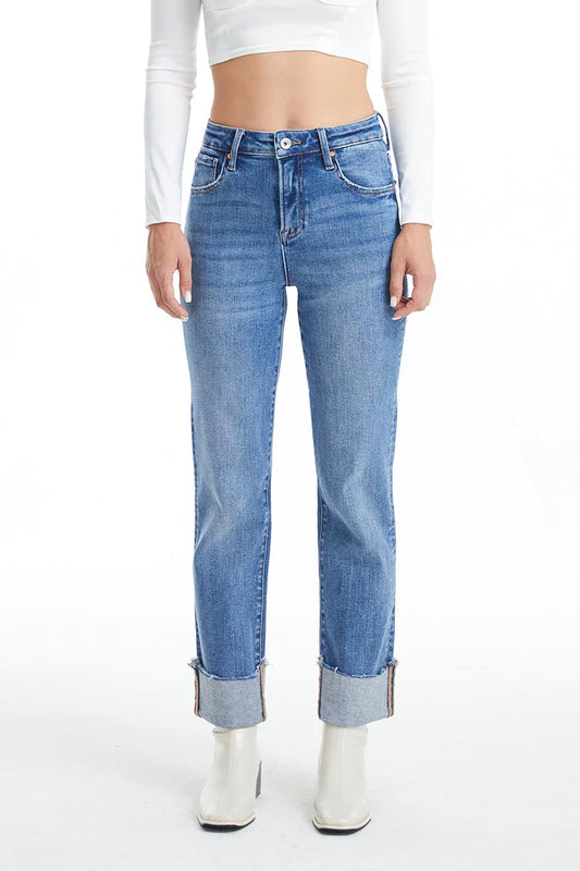 High Rise Straight Leg Jeans with Rolled Hem