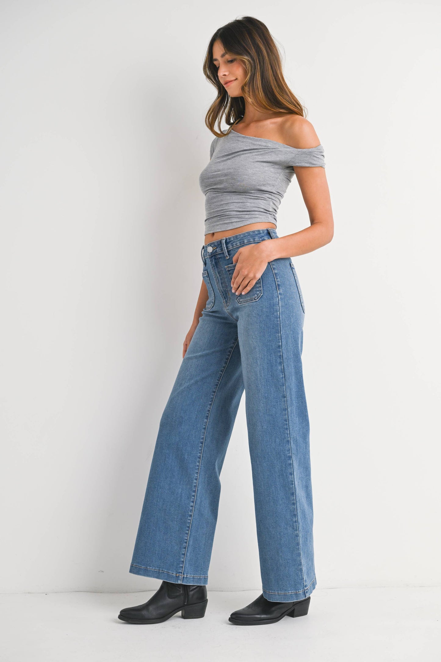 Medium Denim Mini Patch Pocket Wide Leg
