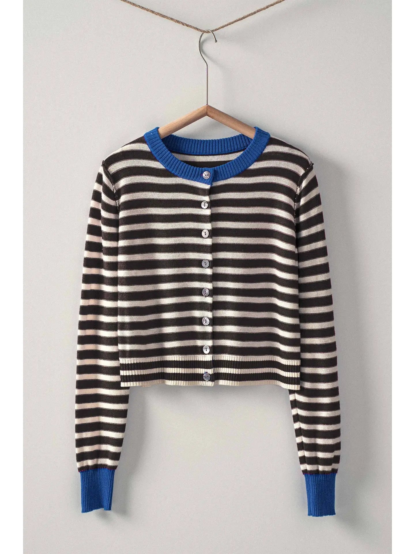 Striped Knit Cropped Button-Up Cardigan