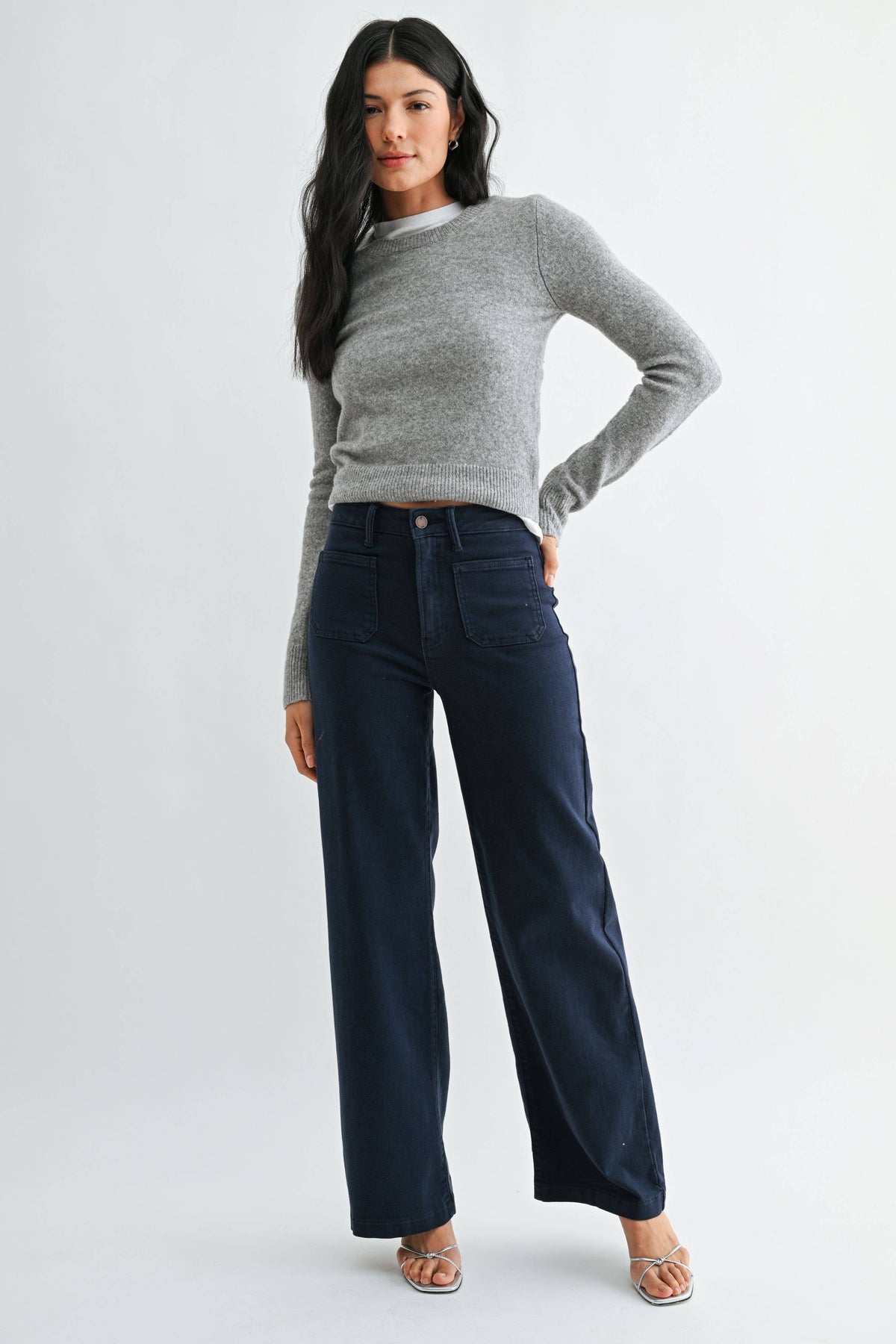 Navy Mini Patch Pocket Wide Leg Denim