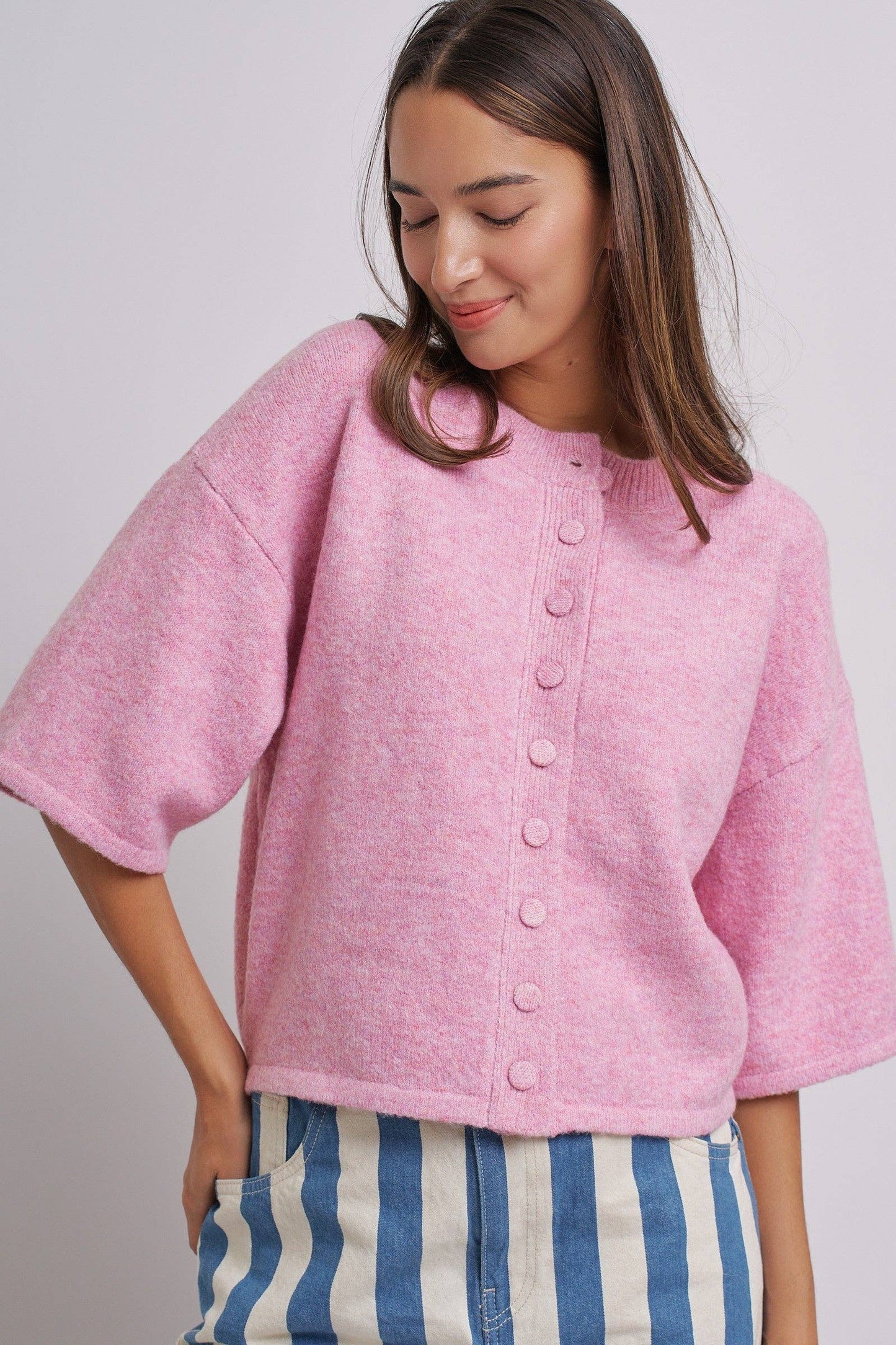 Cropped Knit Button-Front Cardigan Dropped Shoulder