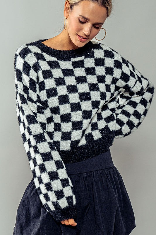 Cosmic Checkered Cropped Sweater