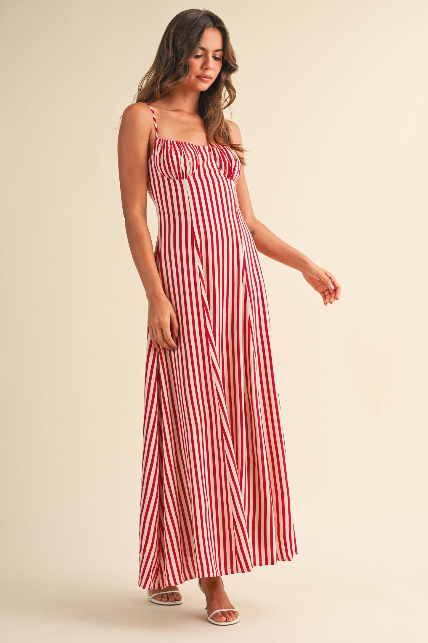 STRIPED BUSTIER SLEEVELESS FLARED MAXI DRESS