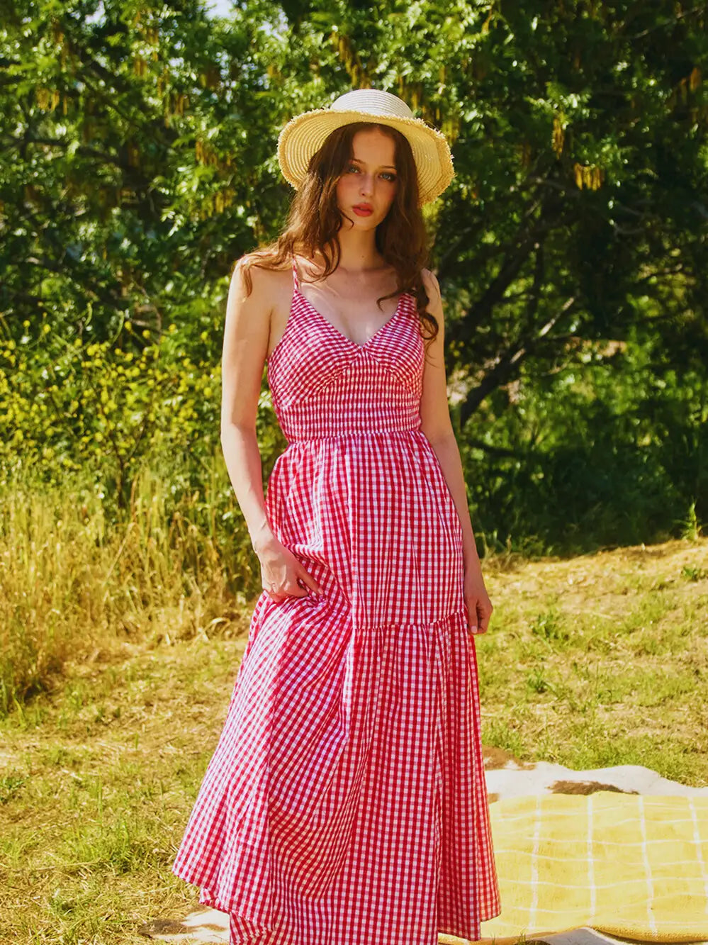 Check Print Smocked Bodice Maxi Dress