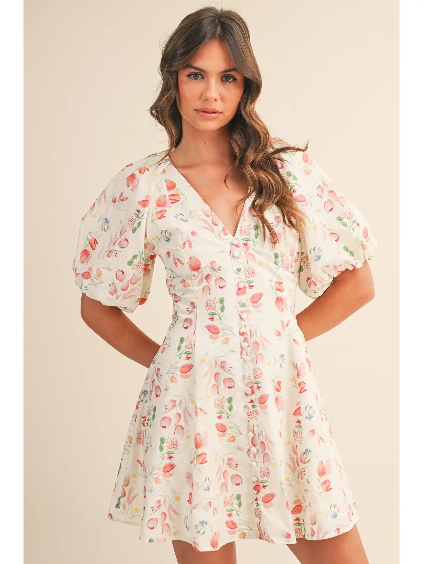 Floral Puff Sleeve Button Down Flare Mini Dress