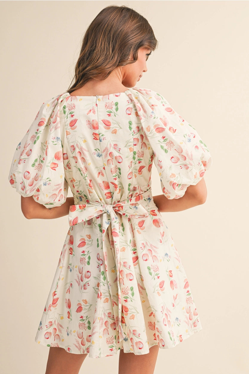 Floral Puff Sleeve Button Down Flare Mini Dress