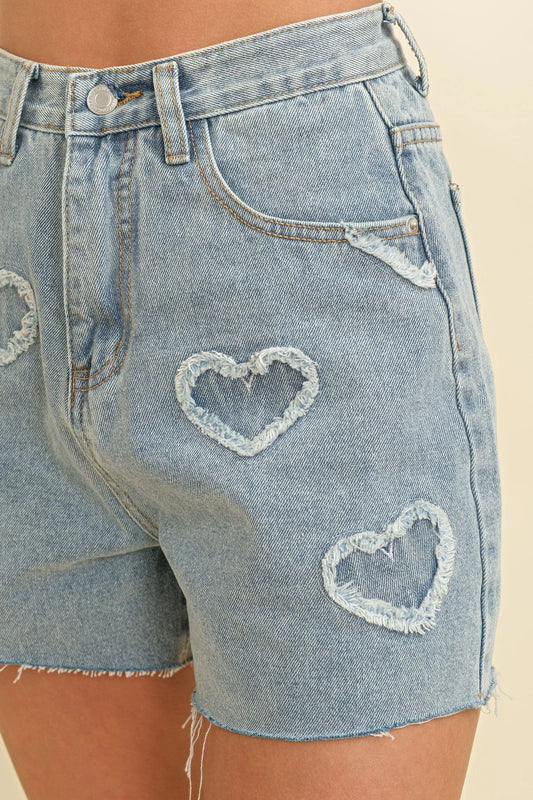 Heart Embroidered Frayed Denim Shorts